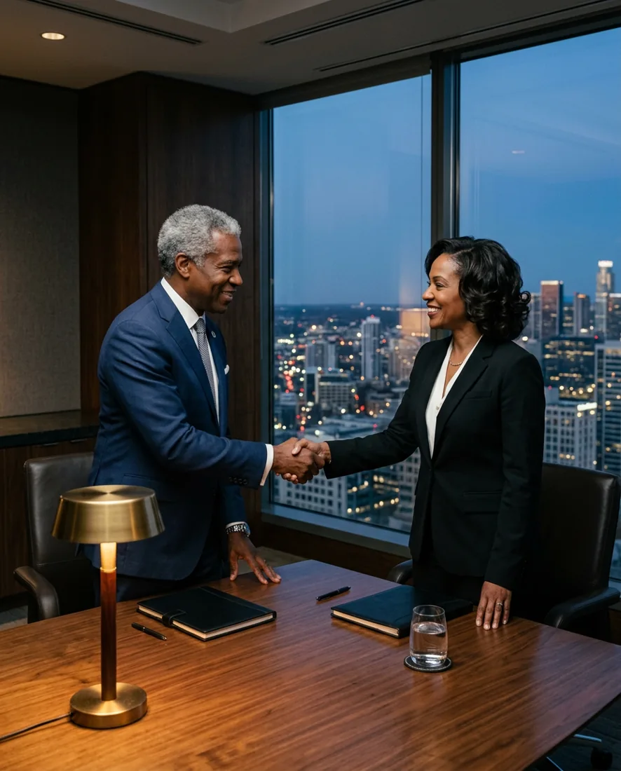Two business partners shaking hands across a boardroom table at dusk.