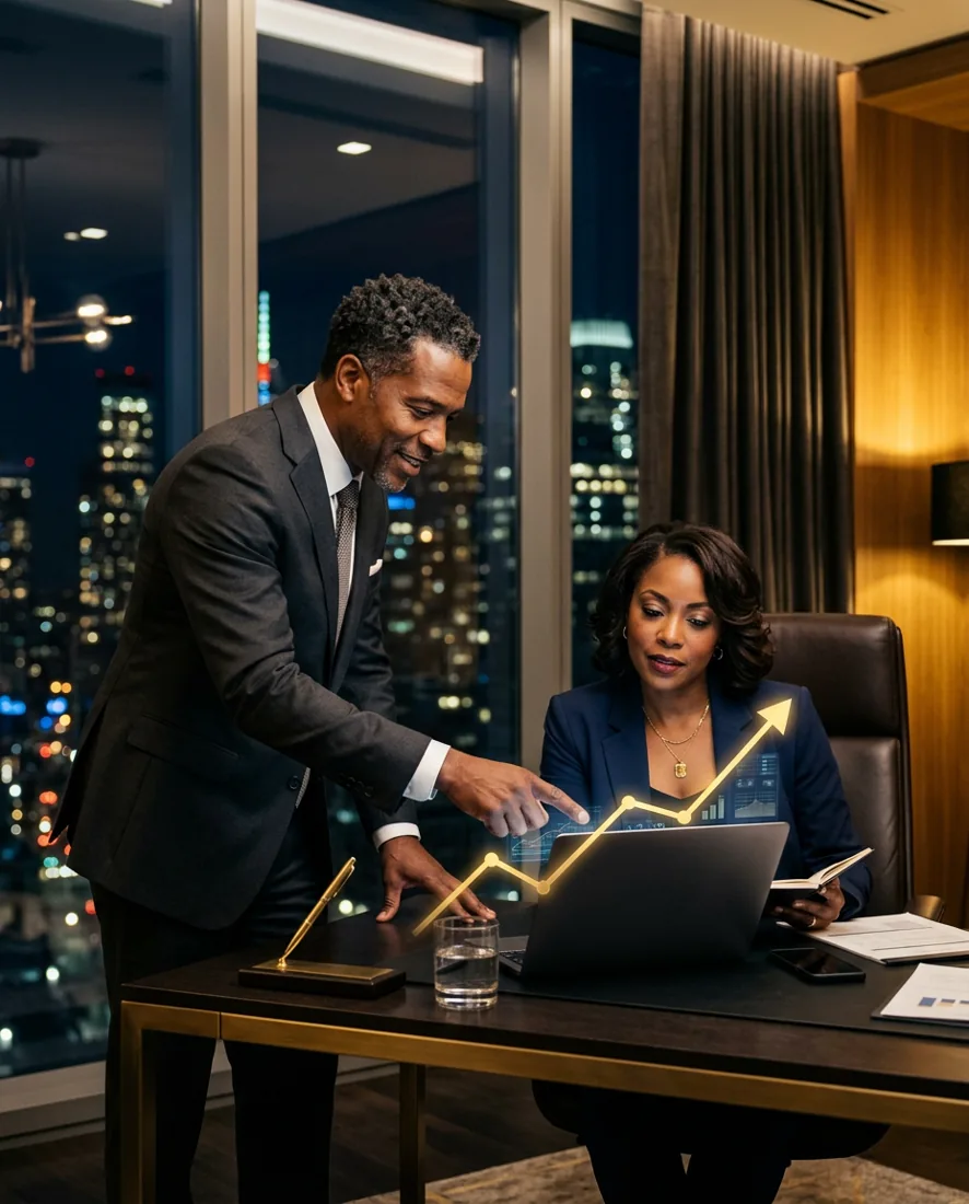 A consultant reviewing a rising performance trend with a client at a desk.