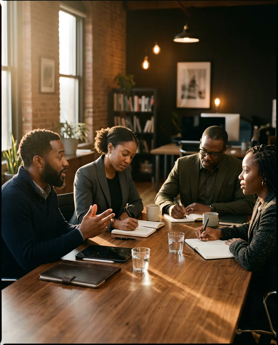 A small team working through a foundational training session around a dark conference table.